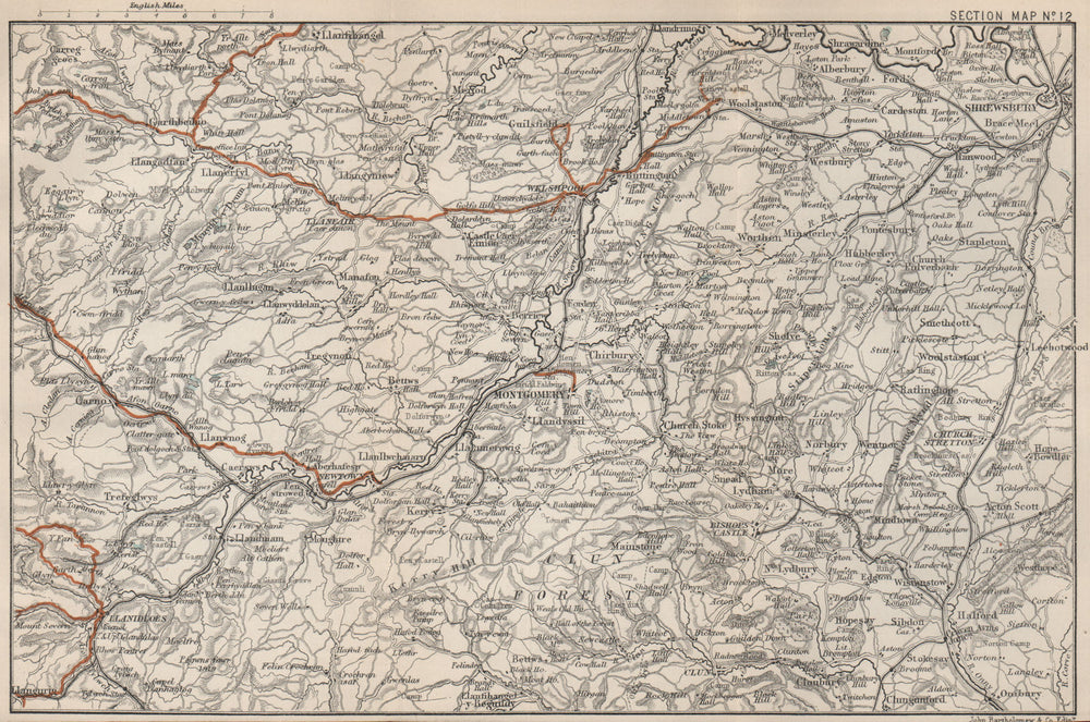 SHROPSHIRE HILLS. Montgomery Shrewsbury Llandiloes Clun Forest 1887 old map
