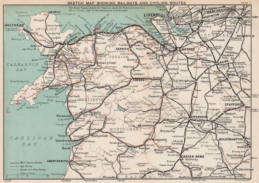 NORTH WALES. Railways, cycling & bus routes. BARTHOLOMEW 1902 old antique map