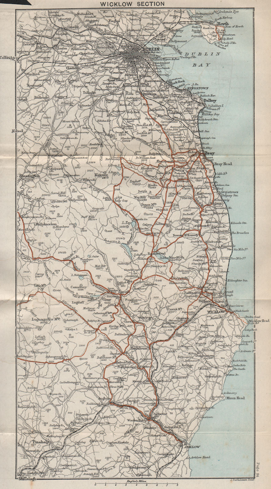 IRELAND EAST COAST. Wicklow Mountains Dublin. BARTHOLOMEW 1887 old antique map