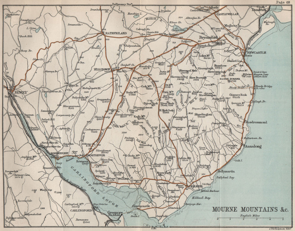 MOURNE MOUNTAINS. Carlingford Lough. Newry. Ireland. BARTHOLOMEW 1887 old map