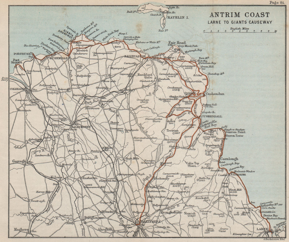 ANTRIM COAST Larne to Giant's Causeway Portrush Ballymoney. BARTHOLOMEW 1887 map