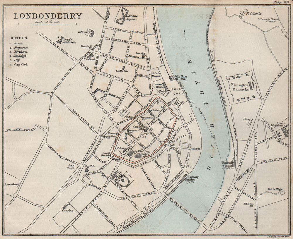 LONDONDERRY town/city plan. Ireland. BARTHOLOMEW 1887 old antique map chart