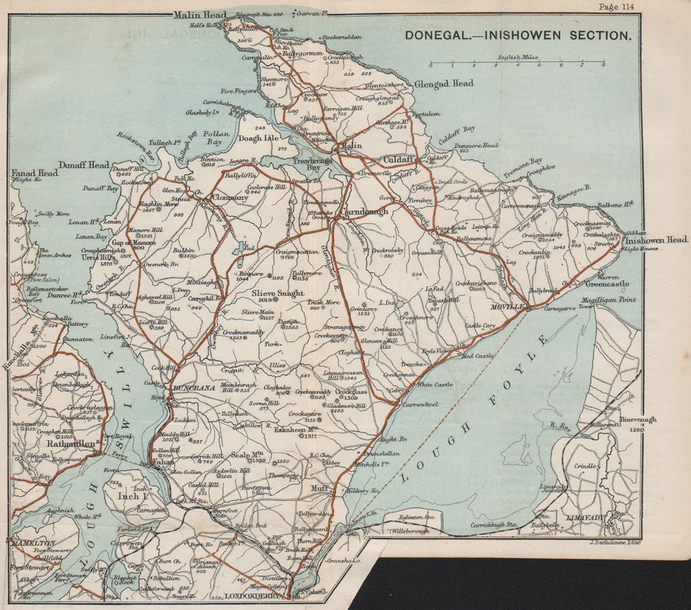 INISHOWEN PENINSULA. Donegal. Lough Foyle Lough Swilly Malin Buncrana 1887 map