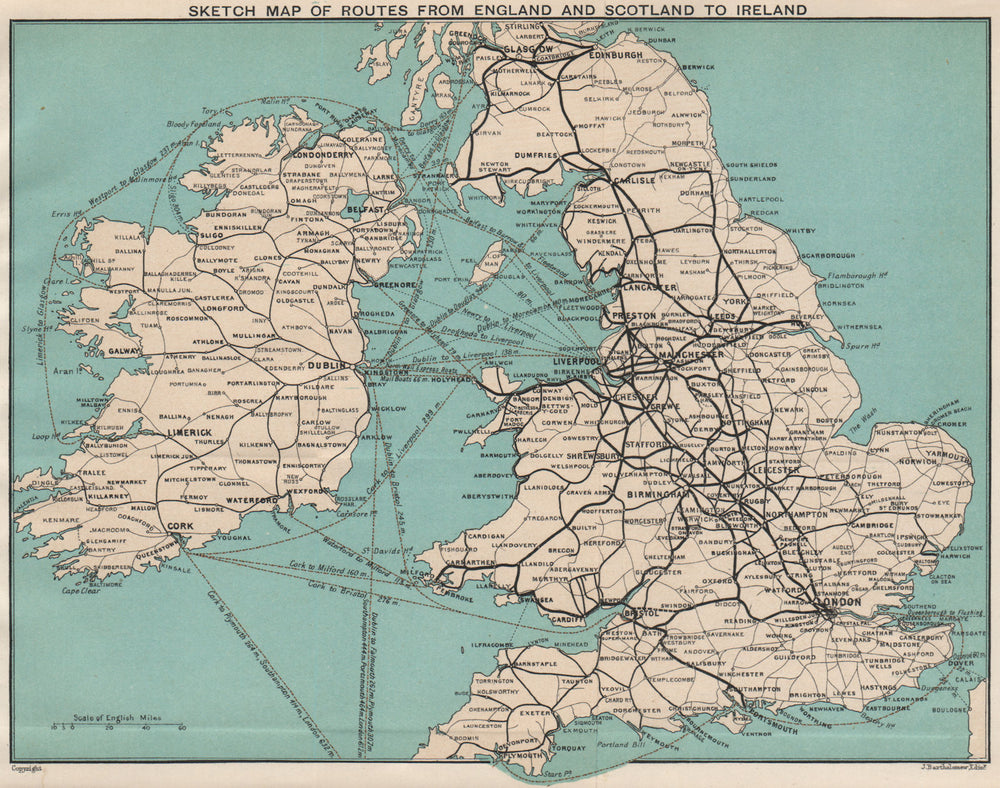 Ferry/shipping routes from England and Scotland to Ireland. BARTHOLOMEW 1902 map