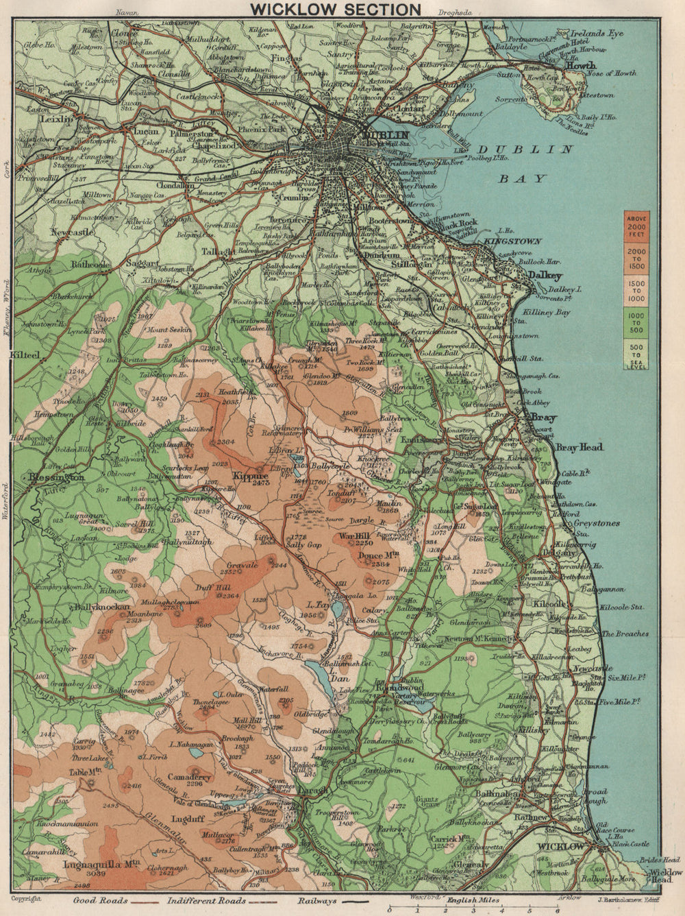 IRELAND EAST COAST. Wicklow Mountains Dublin. BARTHOLOMEW 1902 old antique map