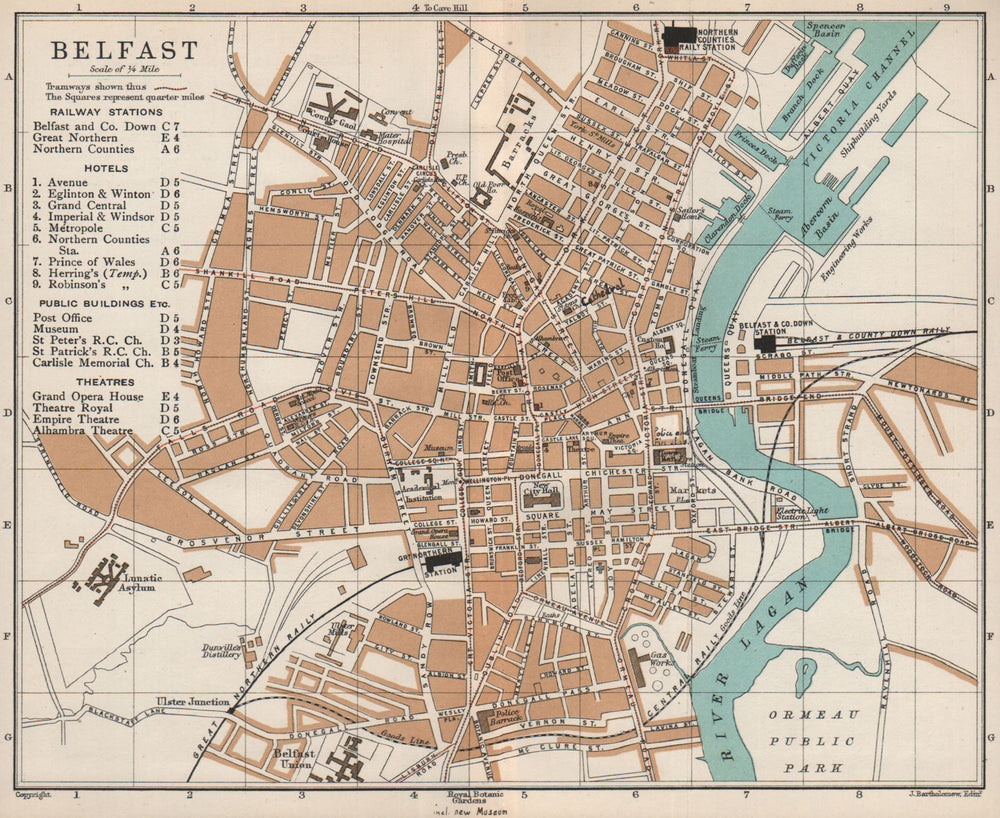 BELFAST town/city plan. Ireland. BARTHOLOMEW 1902 old antique map chart