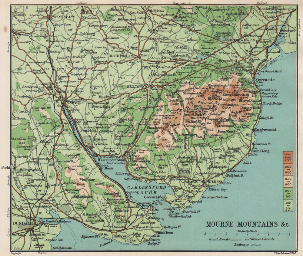 MOURNE MOUNTAINS. Carlingford Lough. Newry. Ireland. BARTHOLOMEW 1902 old map