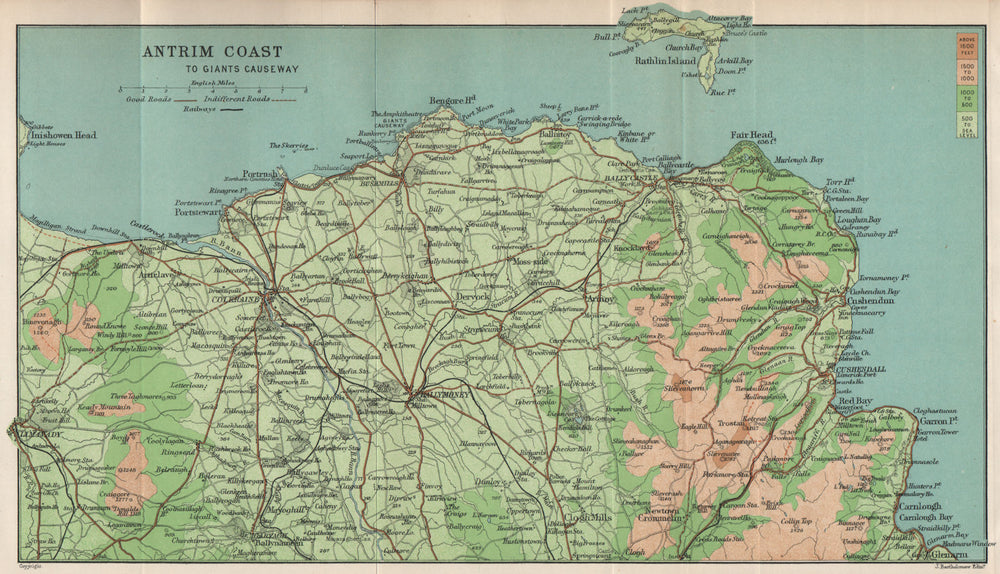 ANTRIM COAST Larne to Giant's Causeway Portrush Ballymoney. BARTHOLOMEW 1902 map