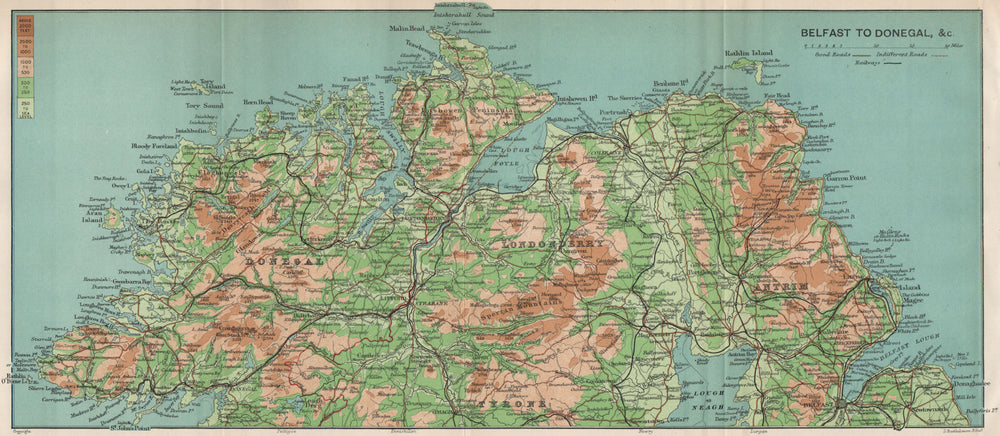 IRELAND NORTH COAST Belfast to Donegal. Londonderry Antrim Tyrone 1902 old map
