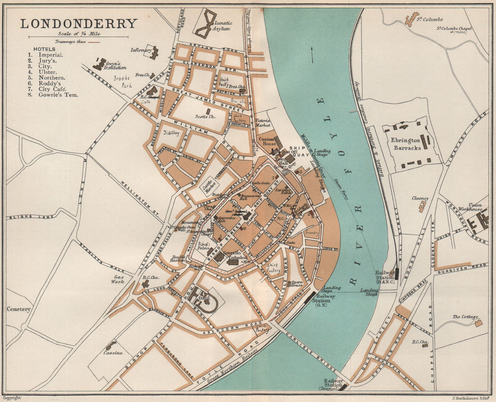 LONDONDERRY town/city plan. Ireland. BARTHOLOMEW 1902 old antique map chart