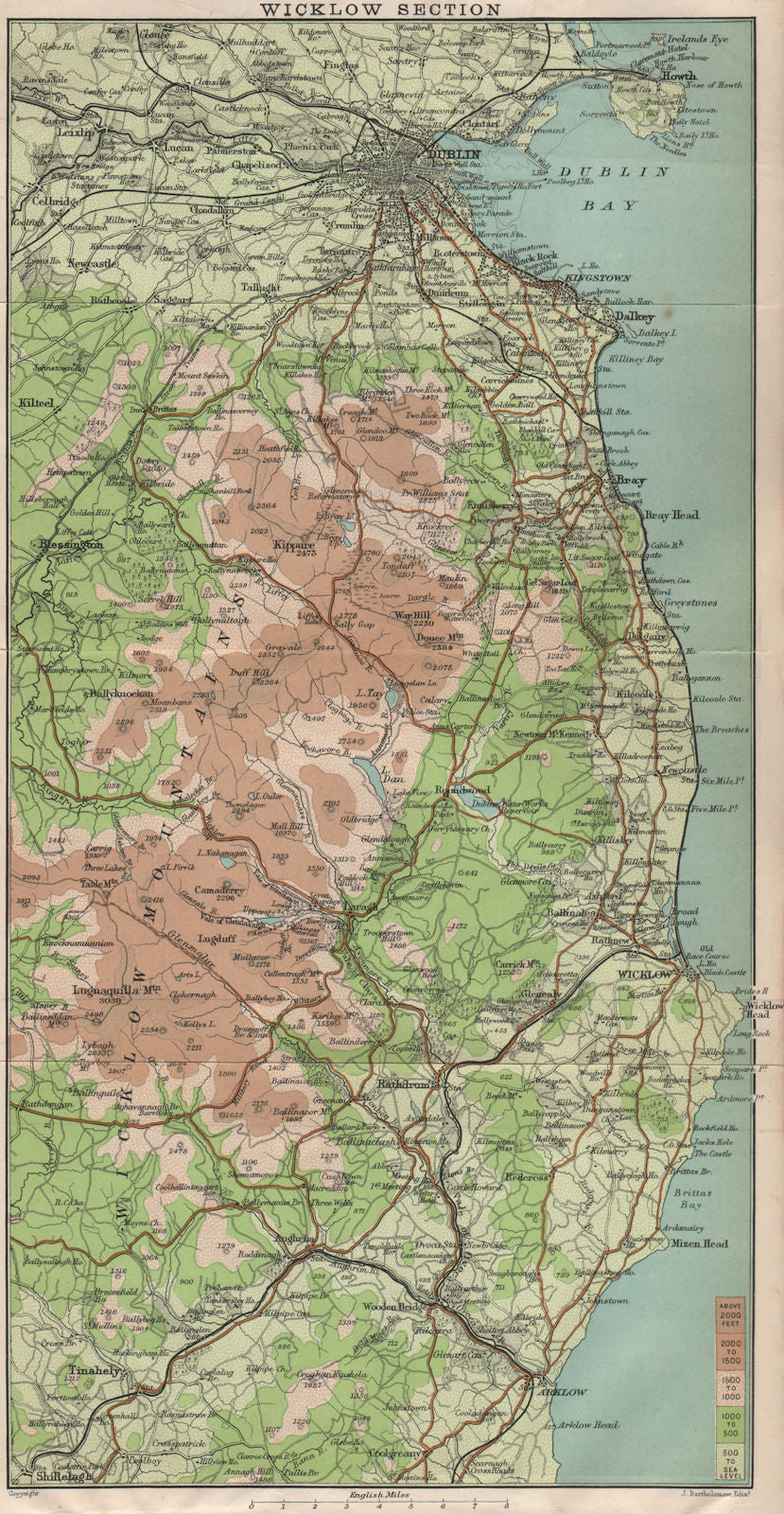 IRELAND EAST COAST. Wicklow Mountains Dublin. BARTHOLOMEW 1901 old antique map