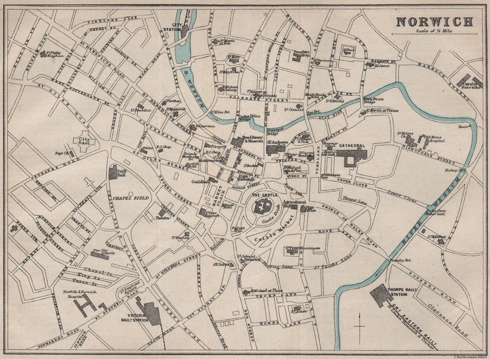 NORWICH town/city plan. BARTHOLOMEW 1883 old antique vintage map chart