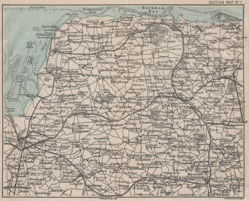 NORTH NORFOLK COAST. King's Lynn Fakenham. BARTHOLOMEW 1883 old antique map