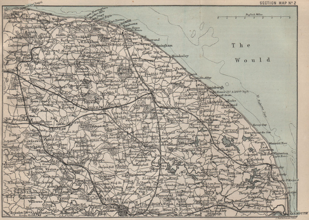 NORFOLK COAST/BROADS. Cromer Norwich Yarmouth. BARTHOLOMEW 1883 old map