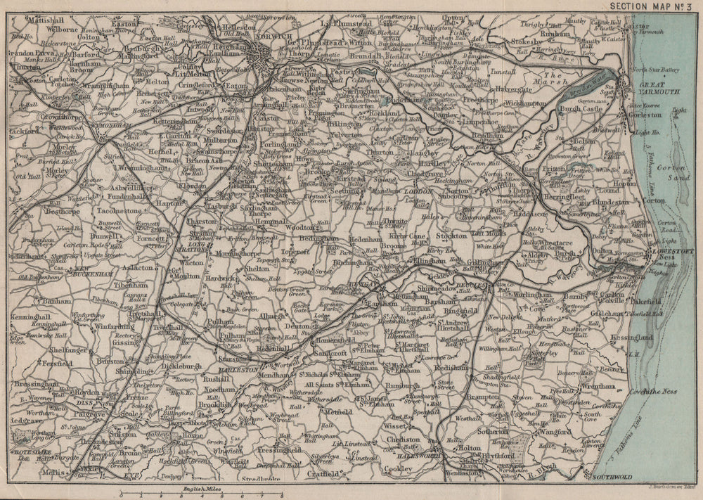 NORFOLK BROADS. Norwich Great Yarmouth Lowestoft. BARTHOLOMEW 1883 old map