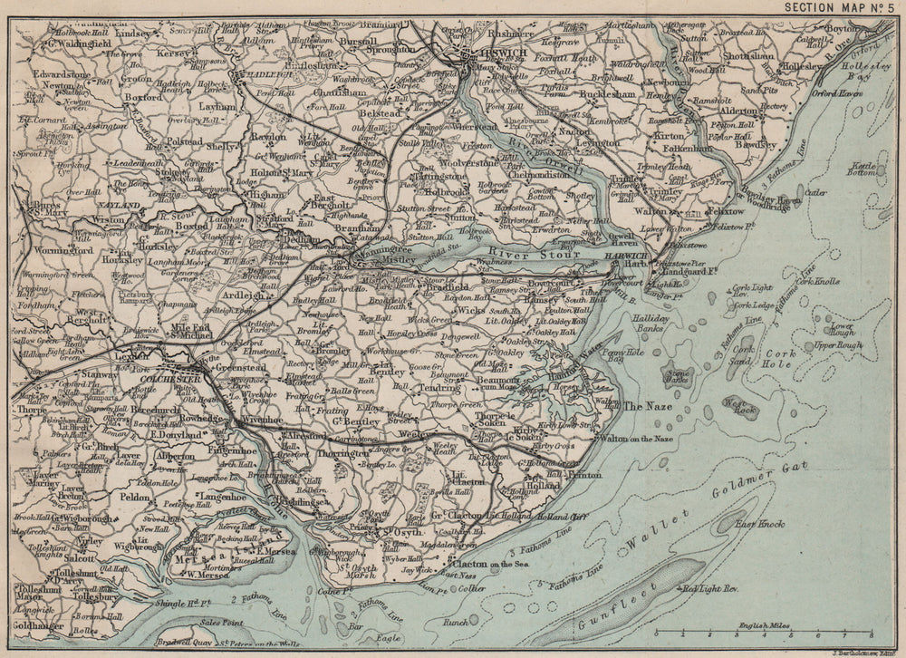 TENDRING PENINSULA/ESSEX COAST. Colchester Ipswich Harwich Stour Orwell 1883 map