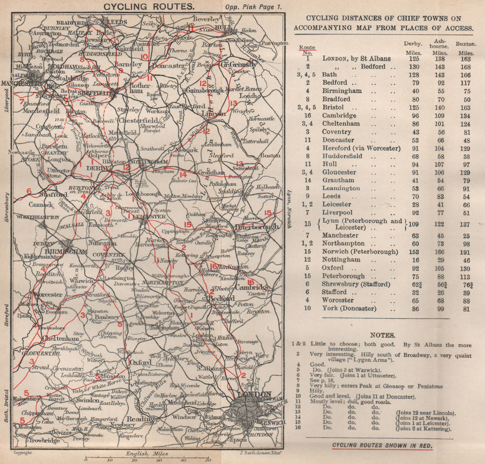 ENGLAND CYCLE ROUTES. London Manchester Birmingham Leeds Hull 1903 old map