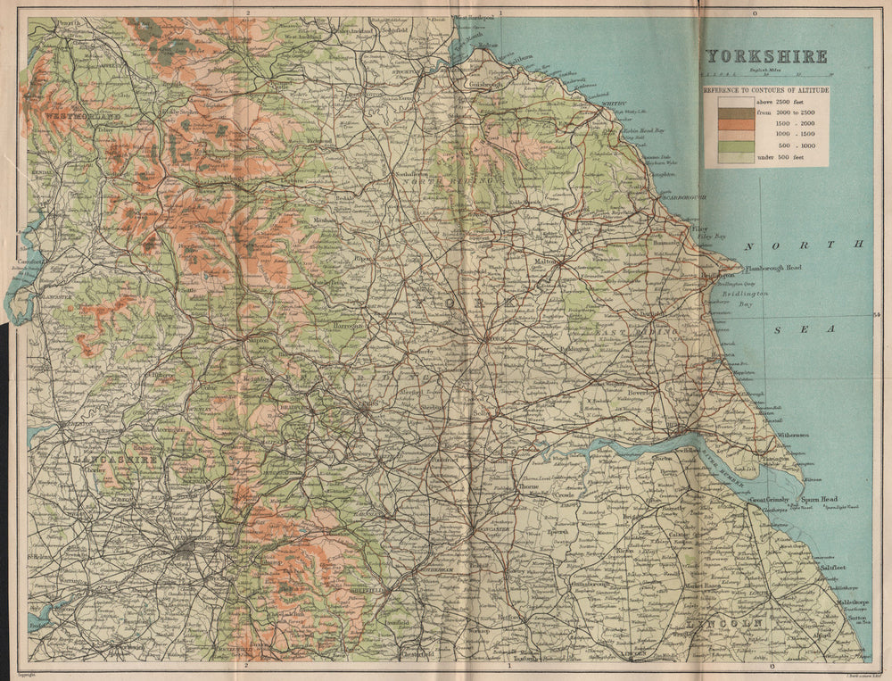 YORKSHIRE county map. Relief. Pennines. BARTHOLOMEW 1893 old antique chart
