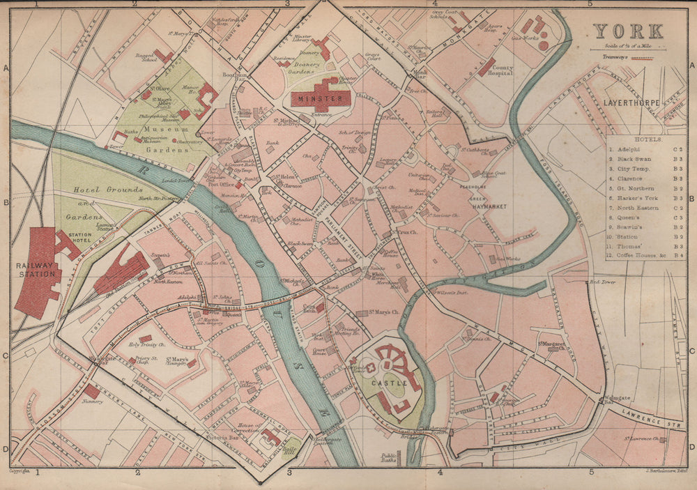YORK town/city plan. Yorkshire. BARTHOLOMEW 1893 old antique map chart