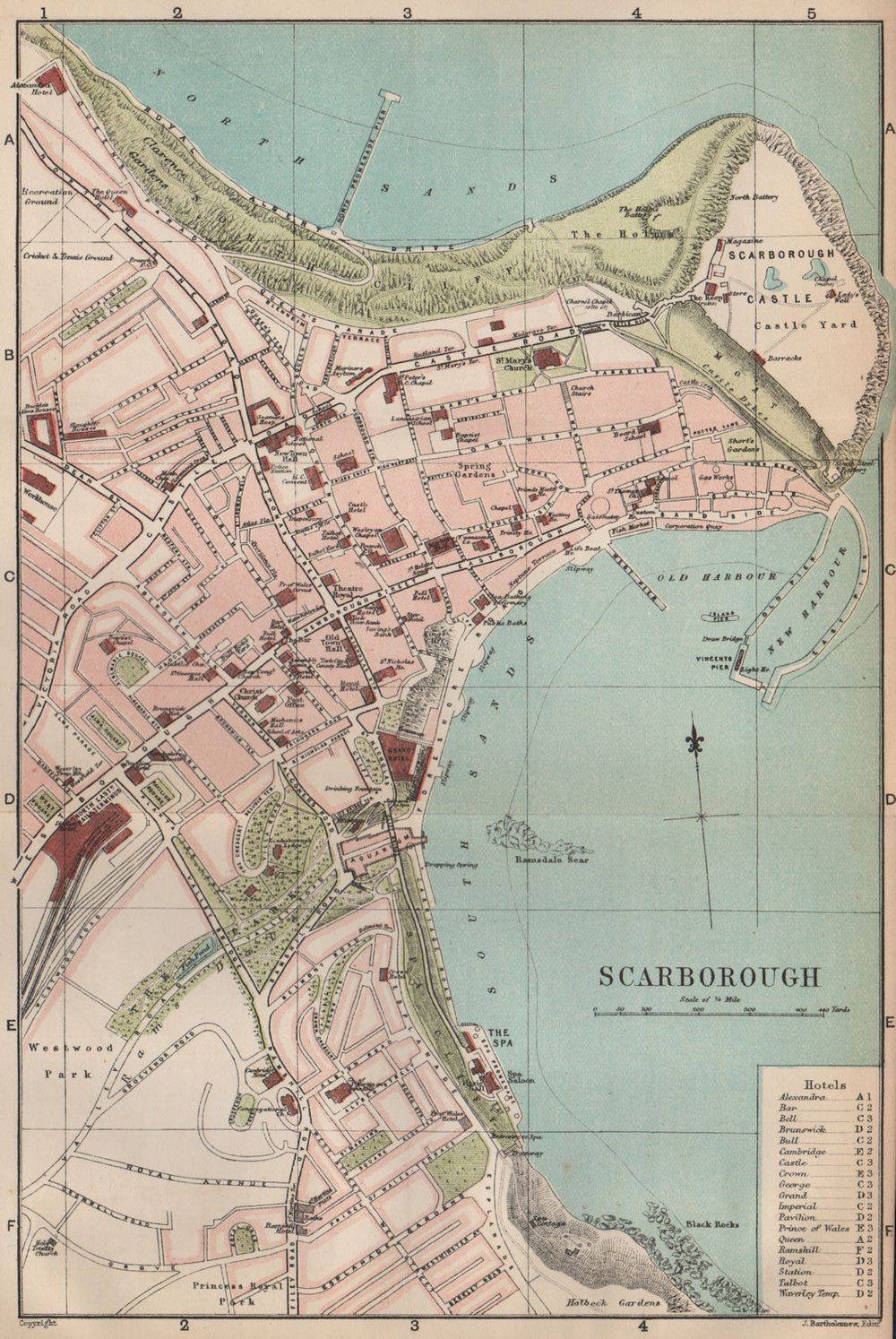 SCARBOROUGH town/city plan. Yorkshire. BARTHOLOMEW 1893 old antique map chart