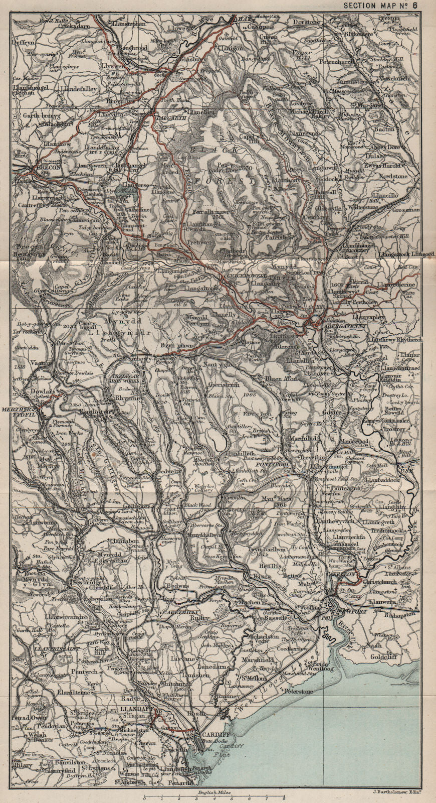 SOUTH WALES VALLEYS. Glamorganshire. Abergavenny Merthyr Tydfil Brecon 1888 map