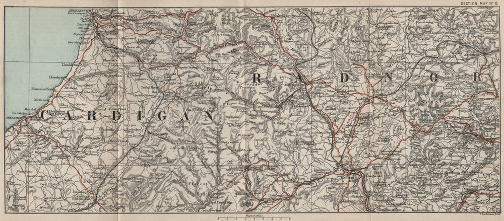 CENTRAL WALES Cardiganshire Ceredigion Radnorshire Aberystwyth Rhayader 1888 map