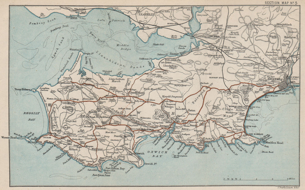 GOWER PENINSULA. Swansea Llanelli Cefn Bryn. Wales. BARTHOLOMEW 1886 old map