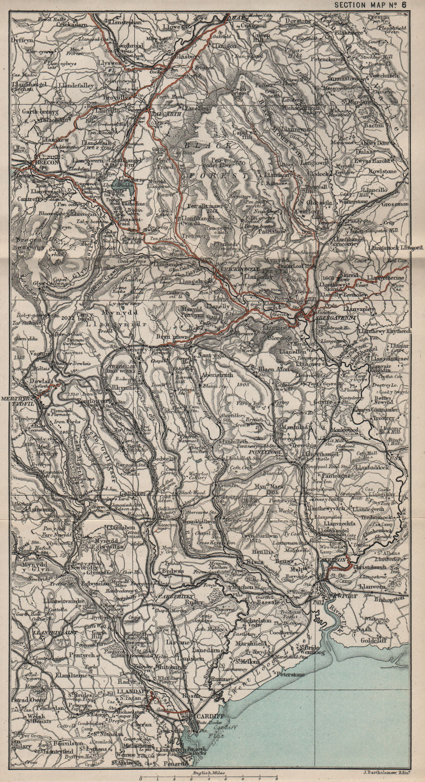 SOUTH WALES VALLEYS. Glamorganshire. Abergavenny Merthyr Tydfil Brecon 1886 map