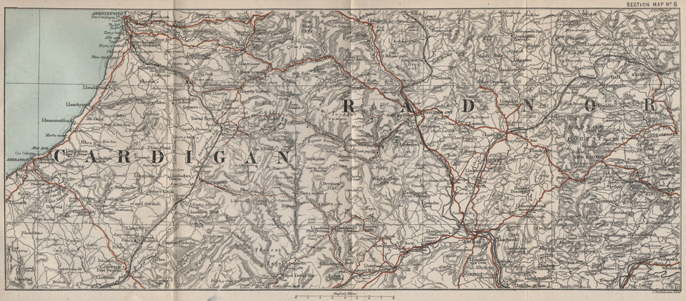 CENTRAL WALES Cardiganshire Ceredigion Radnorshire Aberystwyth Rhayader 1886 map