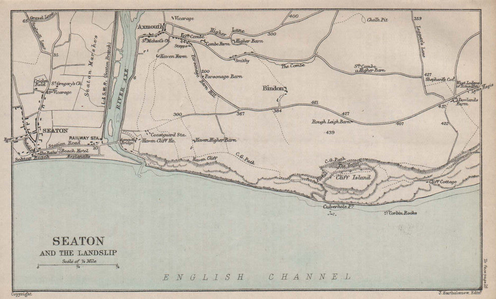 SEATON & AXMOUTH TOWN PLAN. River Axe. Landslip. Devon. BARTHOLOMEW 1892 map
