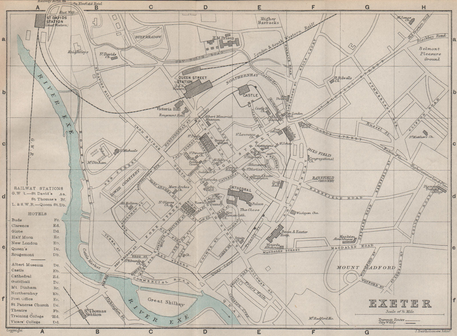 EXETER town/city plan. Devon. BARTHOLOMEW 1892 old antique map chart ...