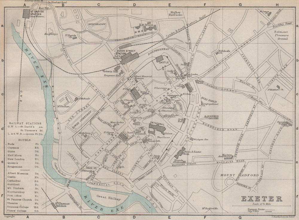 EXETER town/city plan. Devon. BARTHOLOMEW 1892 old antique map chart