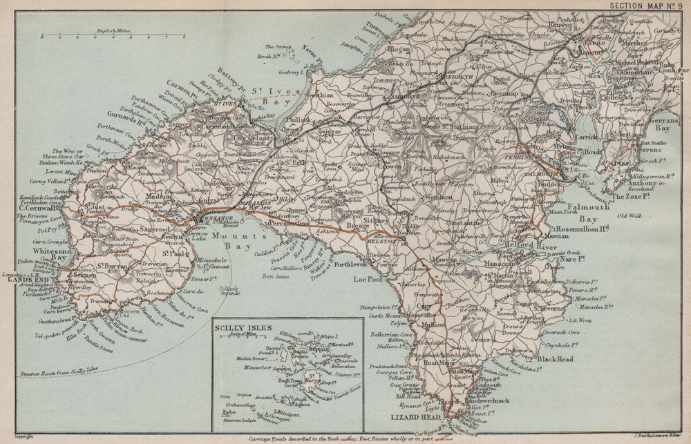 CORNWALL Penwith/Lizard peninsulas Lands End Penzance St Ives Falmouth 1892 map