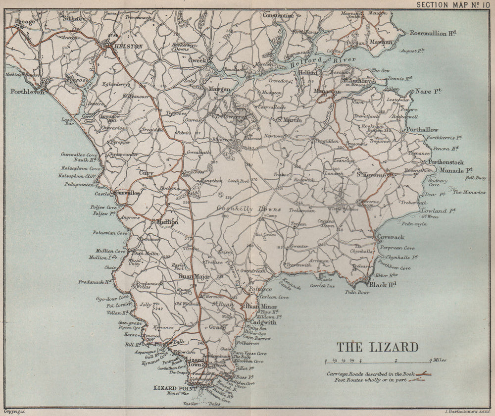THE LIZARD PENINSULA. Cornwall. Helston Mullion Helford River 1892 old map