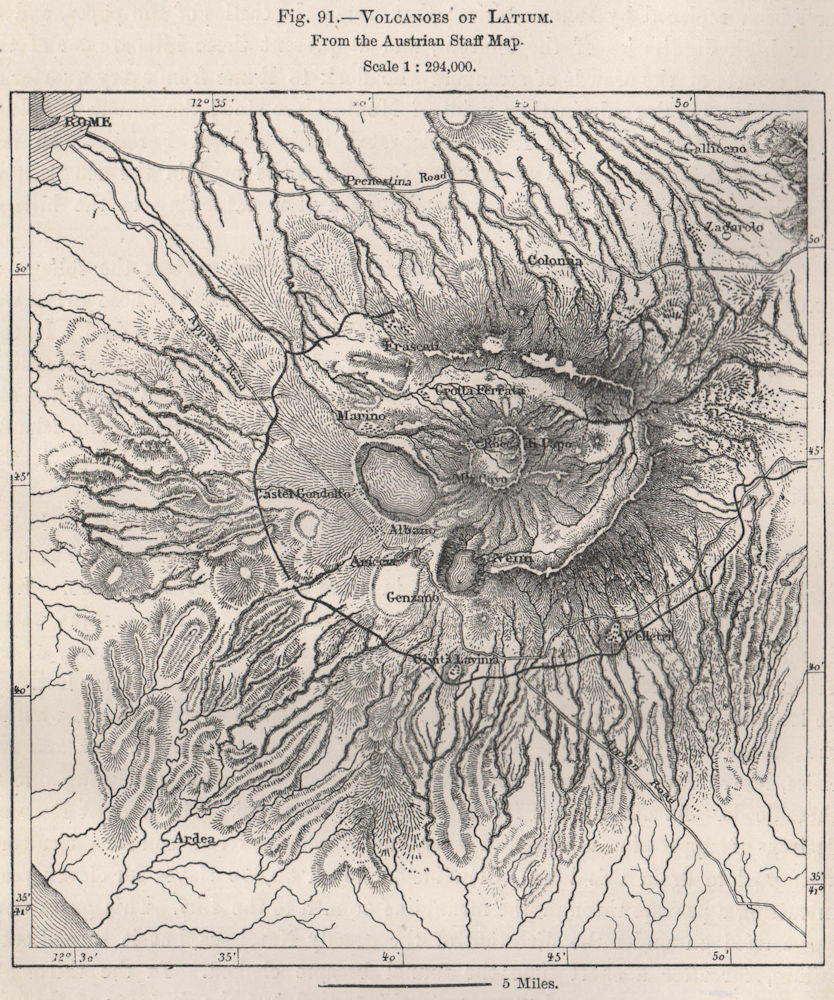 Volcanoes of Lazio. from the Austrian Staff map. Italy 1885 old antique