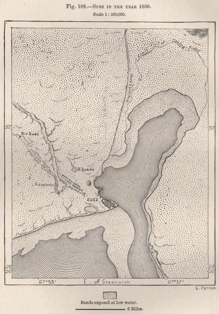 Suez in the year 1800. Egypt 1885 old antique vintage map plan chart