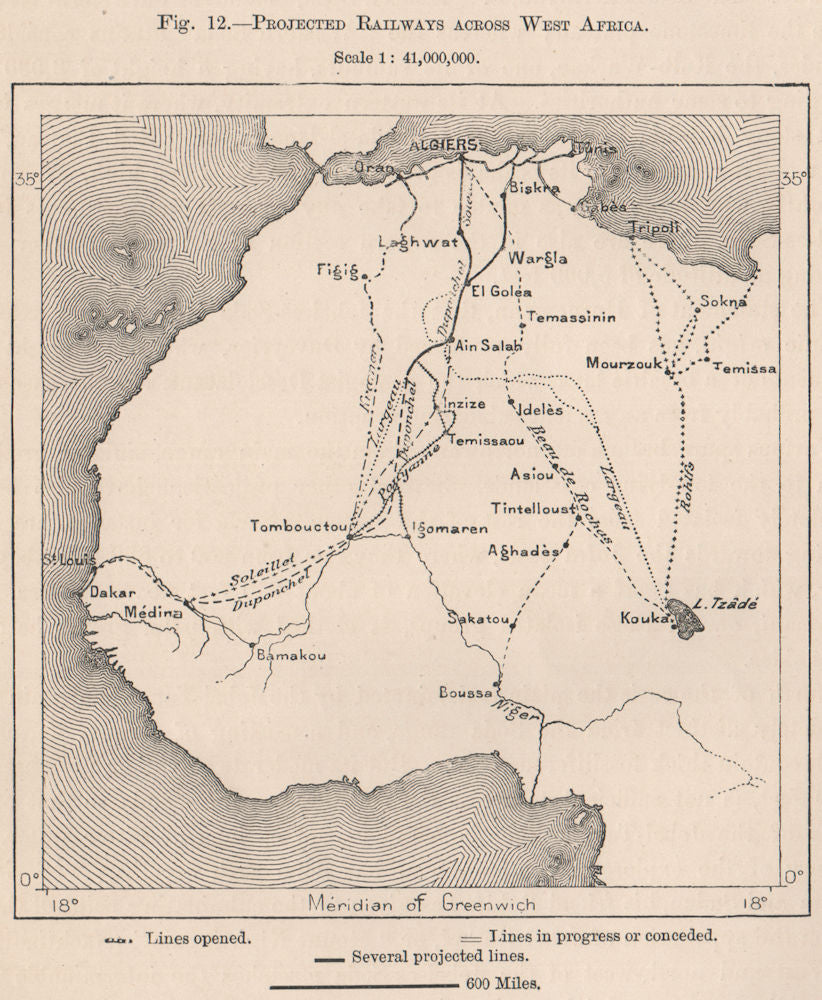 Projected Railways across West Africa 1885 old antique vintage map plan chart