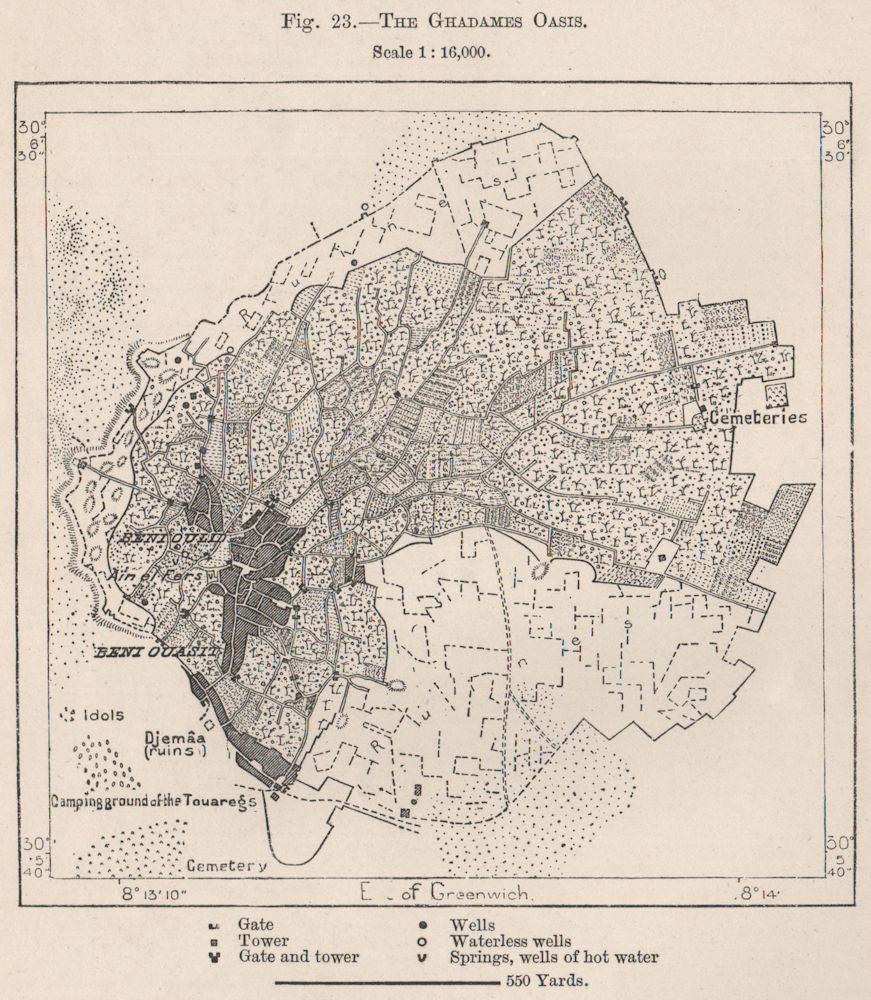 The Ghadames Oasis. Libya 1885 old antique vintage map plan chart