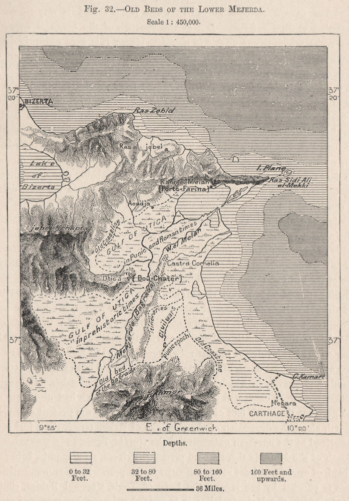 Old beds of The Lower Medjerda. Tunisia 1885 antique map plan chart