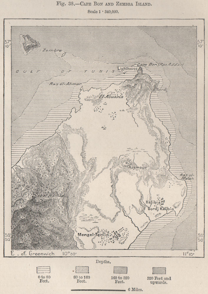 Cape Bon (Watan el-kibli) and Zembra Island. Tunisia 1885 old antique map