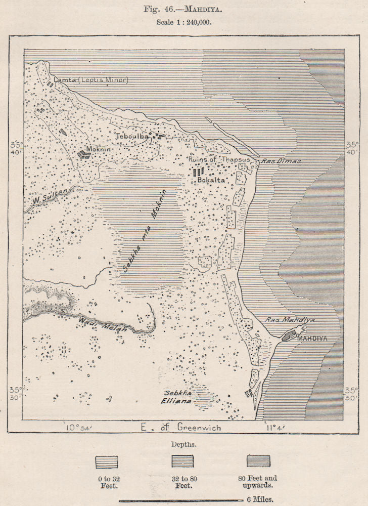 Mahdia (al-Mahdiya) . Sebkha of Moknine. Bekalta. Tunisia 1885 old antique map