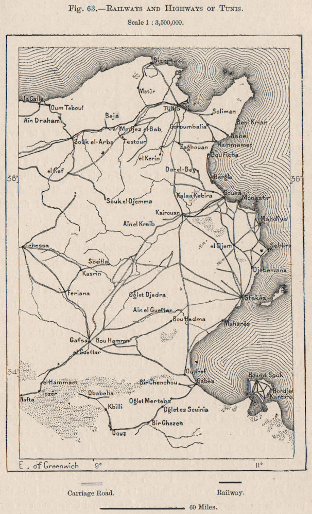 Railways and Highways of Tunis. Tunisia 1885 old antique map plan chart