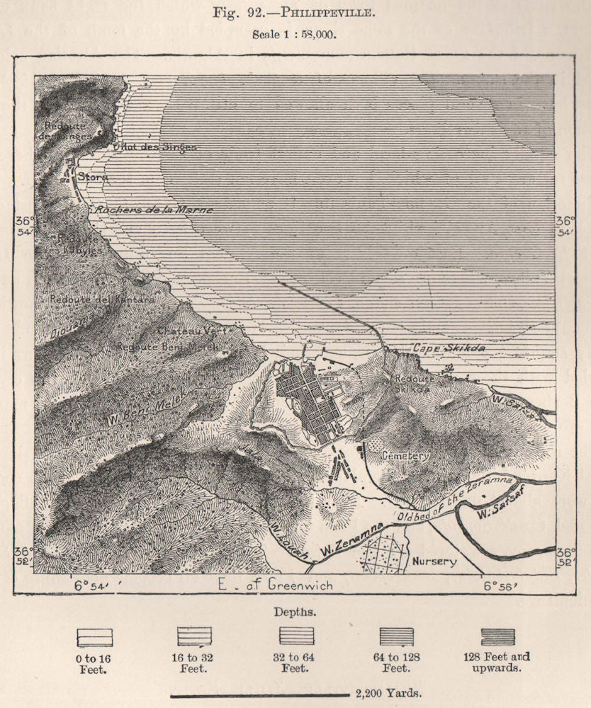 Skikda (Skikda) . Algeria 1885 old antique vintage map plan chart