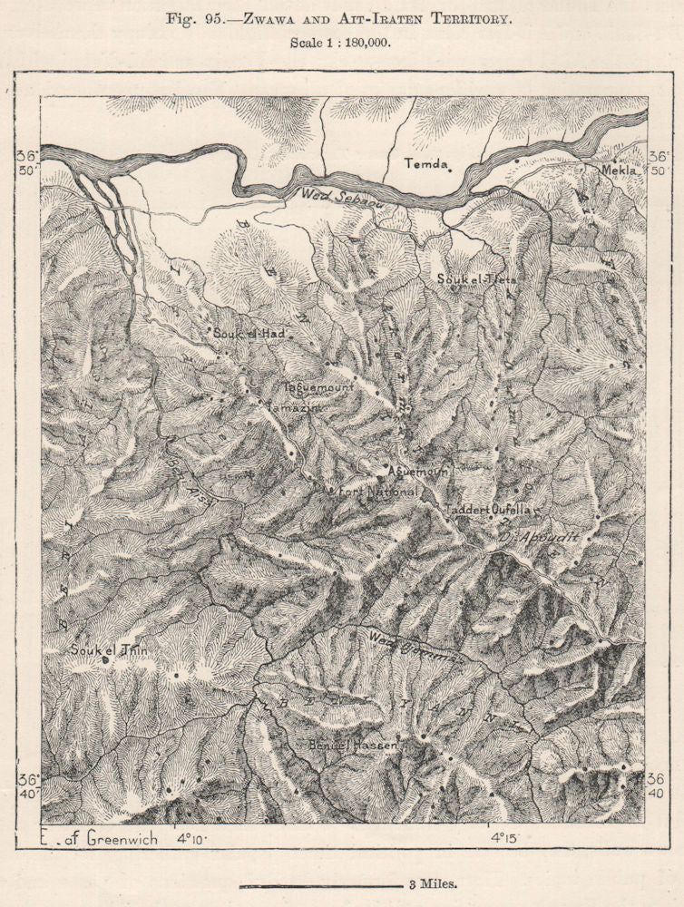 Zwawa/Zouaoua & Ait/Aït Iraten Territory. Kabylia, Algeria 1885 old map