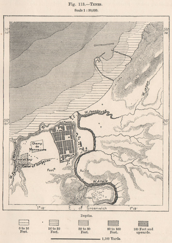Tenes/Ténès. Algeria 1885 old antique vintage map plan chart