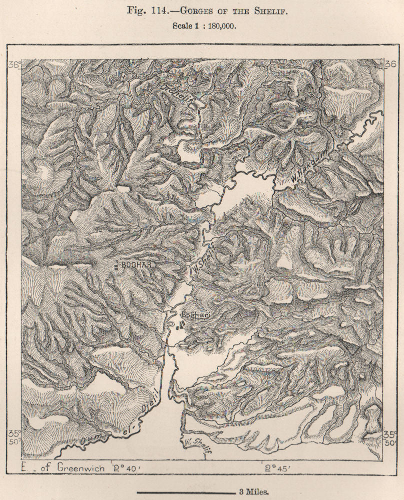 Gorges of the Oued Chelif river. Ksar Boukhari. Boghar. Algeria 1885 old map