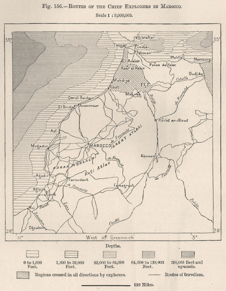 Routes of the chief explorers in Marocco. Morocco 1885 old antique map chart