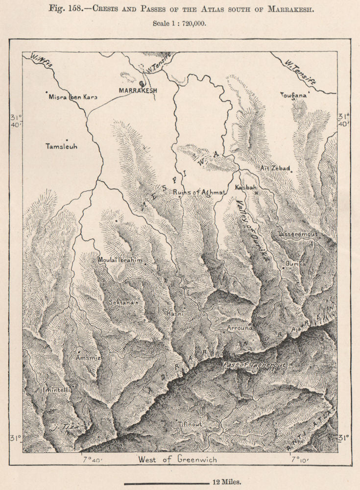 Crests and Passes of the Atlas South of Marrakesh. Morocco 1885 old map