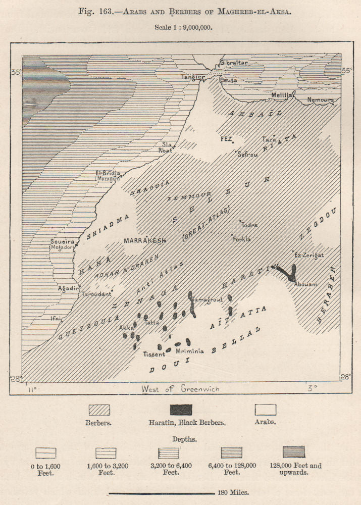 Arab & Berber peoples of Maghreb Al Aqsa (Morocco)  1885 old antique map chart