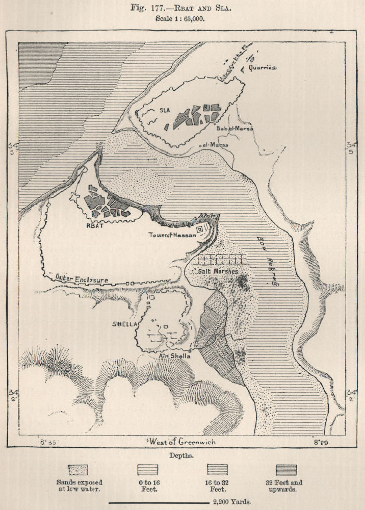 Rabat and Sale. Salé (Sala/Rabat) . Morocco 1885 old antique map plan chart